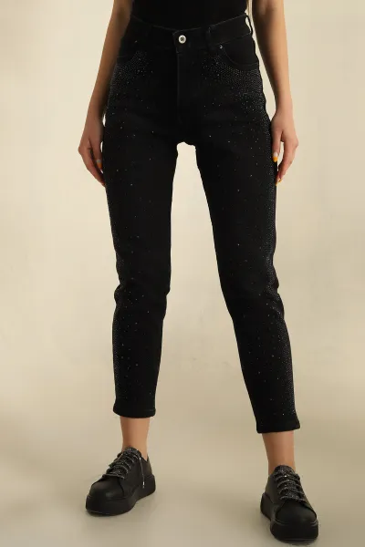 Siyah Taşlı Mom Kot Pantolon 267844
