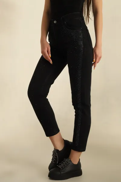 Siyah Taşlı Mom Kot Pantolon 267844