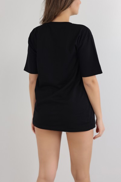 Siyah Taşlı Oversize Bayan Tişört 163049