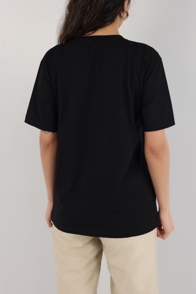 Siyah Taşlı Oversize Bayan Tişört 163051