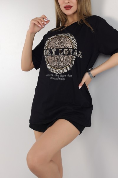 Siyah Taşlı Oversize Bayan Tişört 163053