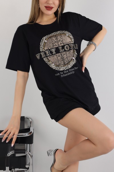 Siyah Taşlı Oversize Bayan Tişört 163053