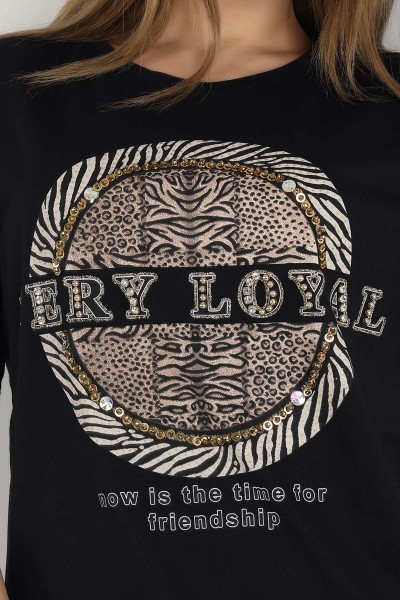 Siyah Taşlı Oversize Bayan Tişört 163053