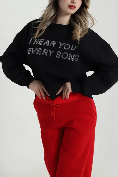 Siyah Taşlı Şardonlu Üç İp Kadın Sweat 491365