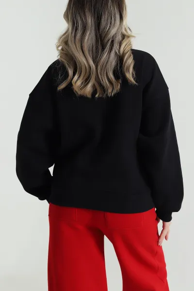 Siyah Taşlı Şardonlu Üç İp Kadın Sweat 491365