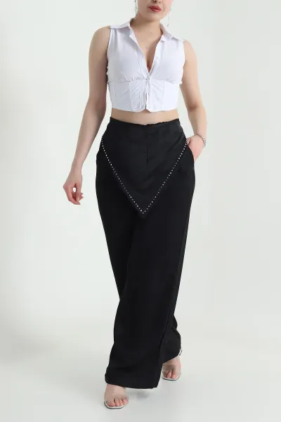 Siyah Taşlı Saten Kadın Pantolon  453918