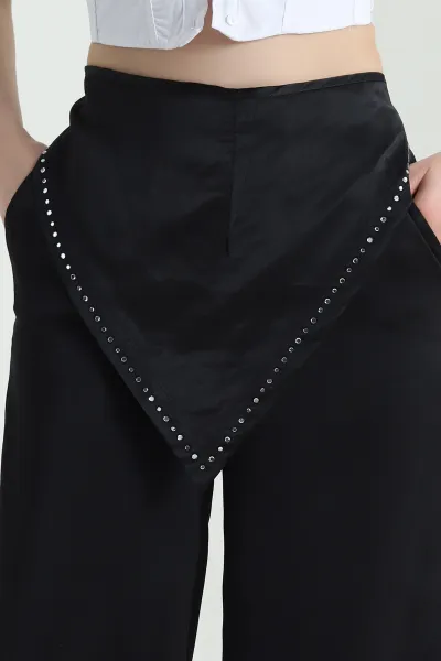 Siyah Taşlı Saten Kadın Pantolon  453918