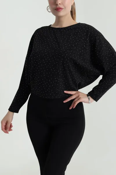 Siyah Taşlı Simli Crep Kadın Bluz 484908