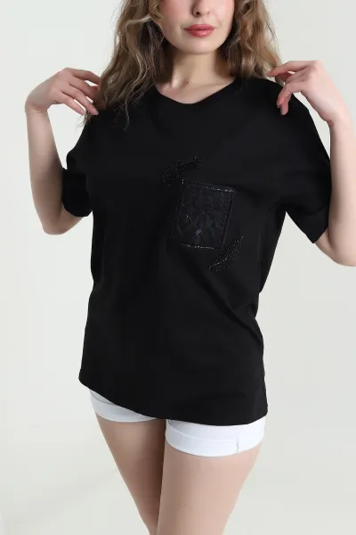 Siyah Taşlı Tasarım Oversize Süprem Kadın Tişört 451801