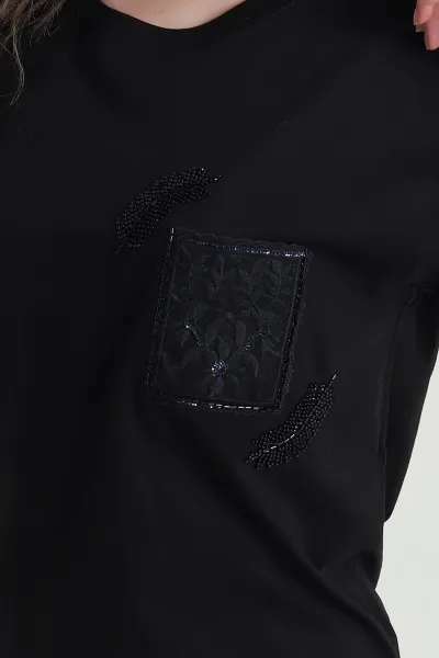 Siyah Taşlı Tasarım Oversize Süprem Kadın Tişört 451801