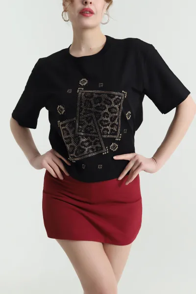 Siyah Taşlı Tasarım Süprem Kadın Tişört 438670