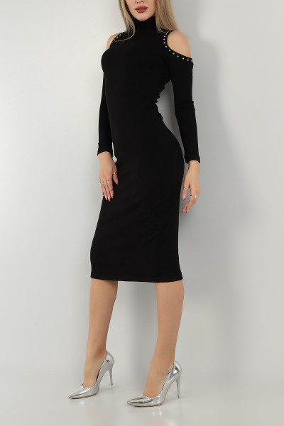 Siyah Taşlı Tasarım Triko Elbise 146772