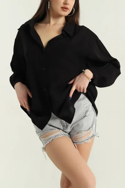 Siyah Tek Cep Oversize Dokuma Bayan Gömlek 336956