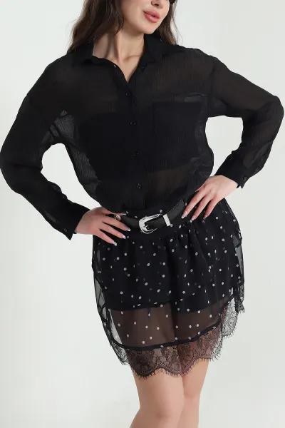 Siyah Tek Cep Tencel Kadın Gömlek 456029