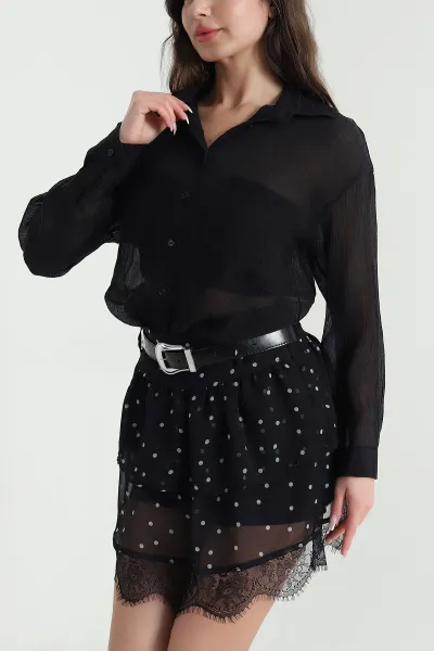 Siyah Tek Cep Tencel Kadın Gömlek 456029