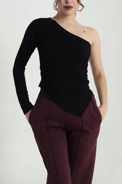 Siyah Tek Kol Büzgülü Modal Kadın Bluz 483782