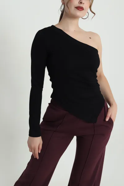 Siyah Tek Kol Büzgülü Modal Kadın Bluz 483782