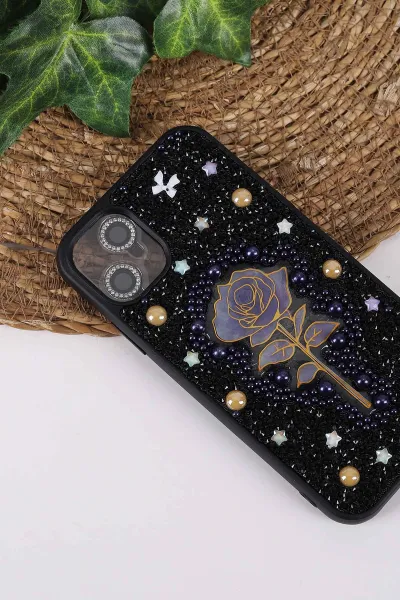 Siyah TeknoCase İPhone 11 Uyumlu Afra Diamond Case Serisi Lens Hediyeli Premium Sert Silikon Telefon Kılıfı 430491