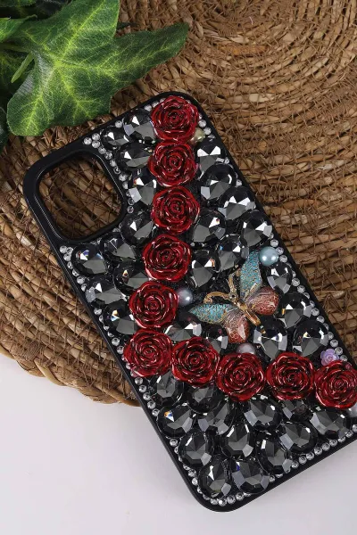 Siyah TeknoCase İPhone 11 Uyumlu Daisy Case Serisi Taşlı Vakumlu Sert Silikon Telefon Kılıfı 431014
