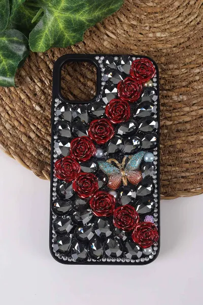 Siyah TeknoCase İPhone 11 Uyumlu Daisy Case Serisi Taşlı Vakumlu Sert Silikon Telefon Kılıfı 431014