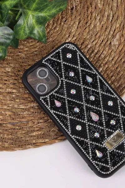 Siyah TeknoCase İPhone 11 Uyumlu Dlr Diamond Case Serisi Lens Hediyeli Premium Sert Silikon Telefon Kılıfı 430338