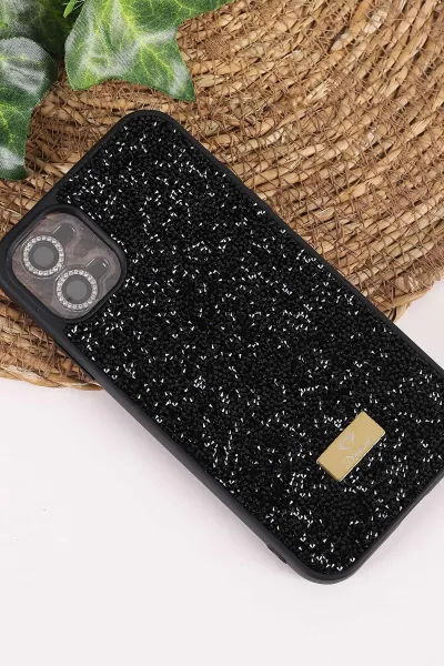 Siyah TeknoCase İPhone 11 Uyumlu Ella Diamond Case Serisi Lens Hediyeli Sert Silikon Telefon Kılıfı 457723