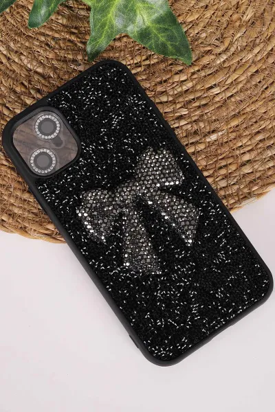 Siyah TeknoCase İPhone 11 Uyumlu Nelly Diamond Serisi Taşlı Lens Hediyeli Sert Silikon Telefon Kılıfı 480918