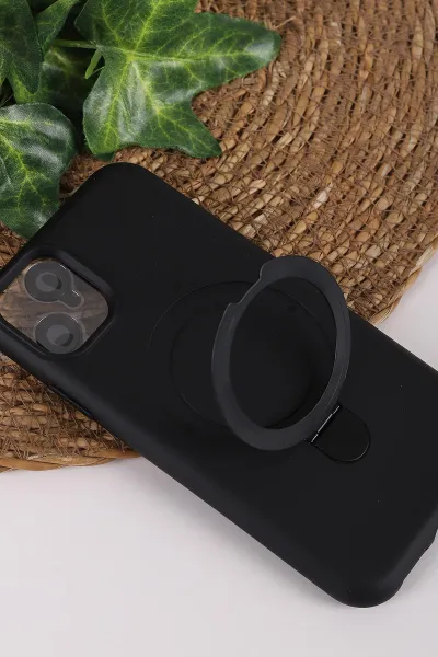 Siyah TeknoCase İPhone 11 Uyumlu Ringy Case Serisi Standlı Lens Hediyeli Sert Silikon Telefon Kılıfı 450156