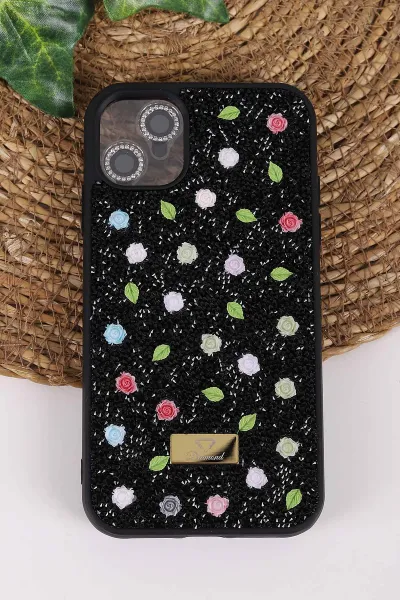 Siyah TeknoCase İPhone 11 Uyumlu Rose Diamond Case Serisi Gül Desenli Lens Hediyeli Sert Silikon Telefon Kılıfı 450116