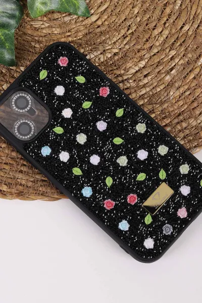 Siyah TeknoCase İPhone 11 Uyumlu Rose Diamond Case Serisi Gül Desenli Lens Hediyeli Sert Silikon Telefon Kılıfı 450116