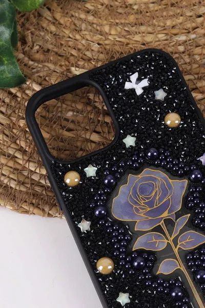 Siyah TeknoCase İPhone 12 Uyumlu Afra Diamond Case Serisi Lens Hediyeli Premium Sert Silikon Telefon Kılıfı 430498