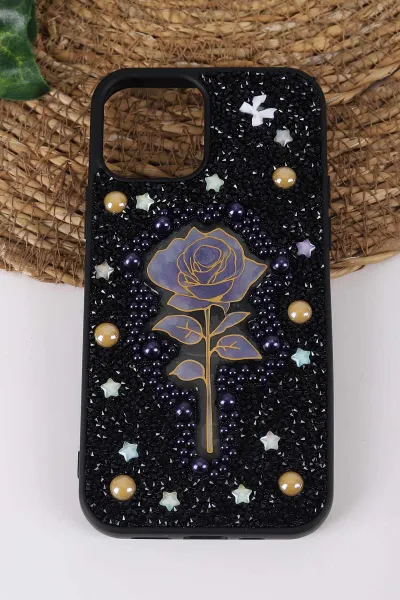 Siyah TeknoCase İPhone 12 Uyumlu Afra Diamond Case Serisi Lens Hediyeli Premium Sert Silikon Telefon Kılıfı 430498