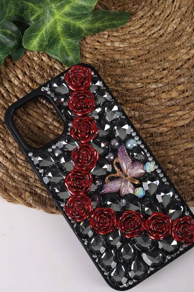 Siyah TeknoCase İPhone 12 Uyumlu Daisy Case Serisi Taşlı Vakumlu Sert Silikon Telefon Kılıfı 431021