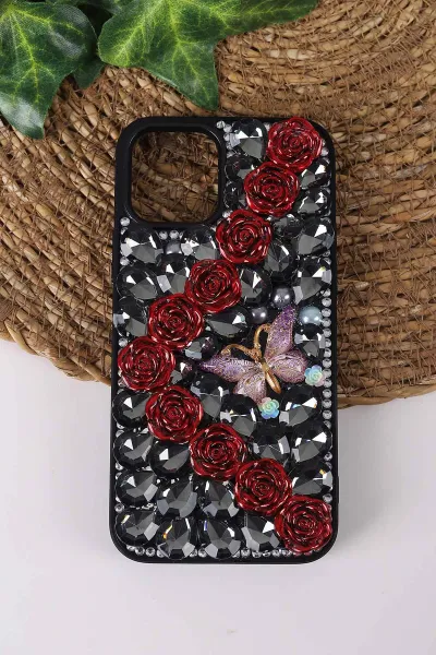 Siyah TeknoCase İPhone 12 Uyumlu Daisy Case Serisi Taşlı Vakumlu Sert Silikon Telefon Kılıfı 431021