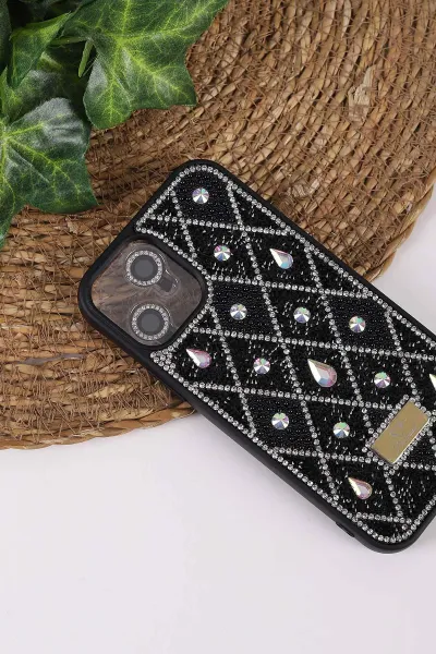 Siyah TeknoCase İPhone 12 Uyumlu Dlr Diamond Case Serisi Lens Hediyeli Premium Sert Silikon Telefon Kılıfı 430342