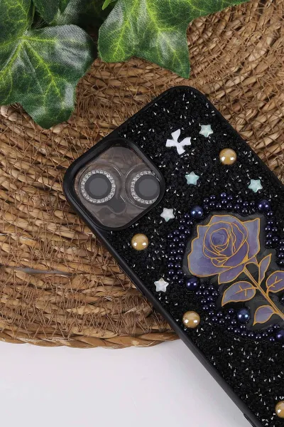 Siyah TeknoCase İPhone 13 Uyumlu Afra Diamond Case Serisi Lens Hediyeli Premium Sert Silikon Telefon Kılıfı 430503