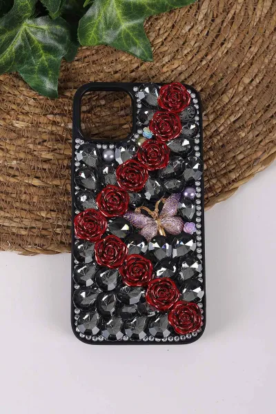 Siyah TeknoCase İPhone 13 Uyumlu Daisy Case Serisi Taşlı Vakumlu Sert Silikon Telefon Kılıfı 431026