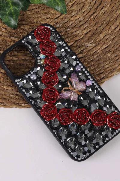 Siyah TeknoCase İPhone 13 Uyumlu Daisy Case Serisi Taşlı Vakumlu Sert Silikon Telefon Kılıfı 431026