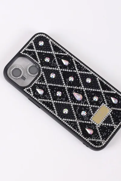 Siyah TeknoCase İPhone 13 Uyumlu Dlr Diamond Case Serisi Lens Hediyeli Premium Sert Silikon Telefon Kılıfı 430346