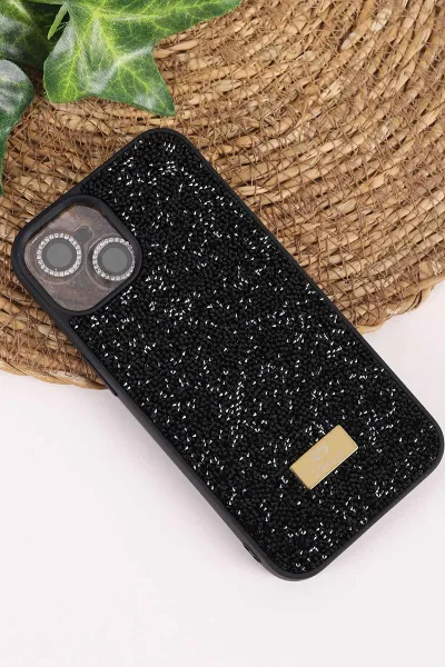 Siyah TeknoCase İPhone 13 Uyumlu Ella Diamond Case Serisi Lens Hediyeli Sert Silikon Telefon Kılıfı 457727