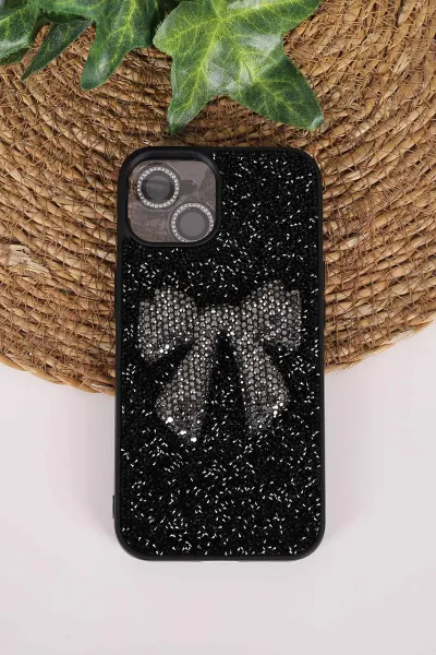 Siyah TeknoCase İPhone 13 Uyumlu Nelly Diamond Serisi Taşlı Lens Hediyeli Sert Silikon Telefon Kılıfı 480922