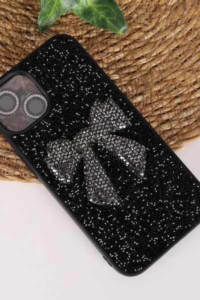 Siyah TeknoCase İPhone 13 Uyumlu Nelly Diamond Serisi Taşlı Lens Hediyeli Sert Silikon Telefon Kılıfı 480922