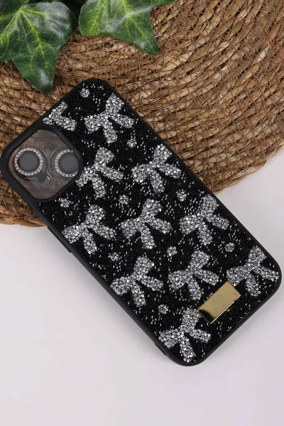 Siyah TeknoCase İPhone 13 Uyumlu Perfect Diamond Case Serisi Taşlı Lens Hediyeli Sert Silikon Telefon Kılıfı 450074