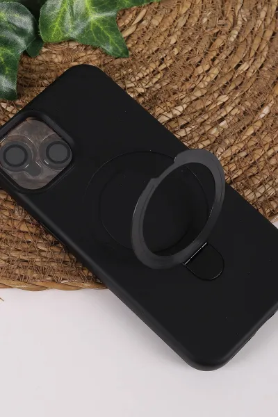 Siyah TeknoCase İPhone 13 Uyumlu Ringy Case Serisi Standlı Lens Hediyeli Sert Silikon Telefon Kılıfı 450162