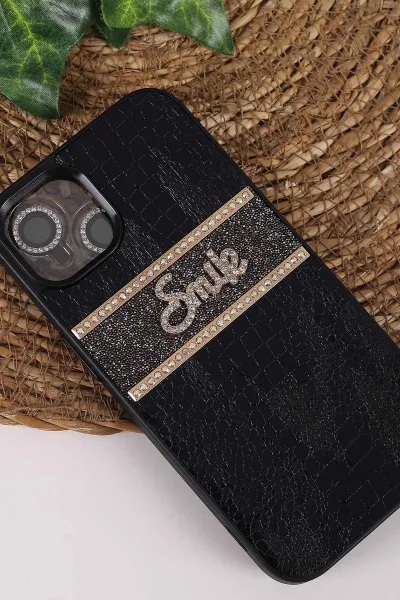 Siyah TeknoCase İPhone 13 Uyumlu Smile Case Serisi Yazı Detaylı Lens Hediyeli Sert Silikon Telefon Kılıfı 450133