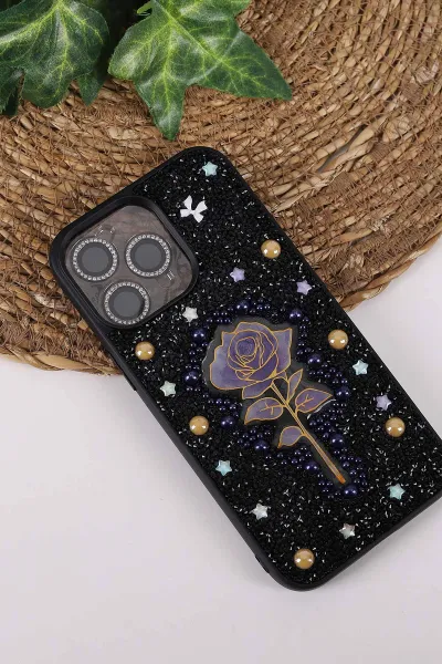Siyah TeknoCase İPhone 14 Pro Max Uyumlu Afra Diamond Case Serisi Lens Hediyeli Premium Sert Silikon Telefon Kılıfı 430518