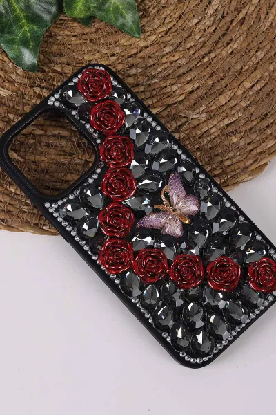Siyah TeknoCase İPhone 14 Pro Max Uyumlu Daisy Case Serisi Taşlı Vakumlu Sert Silikon Telefon Kılıfı 431049
