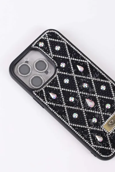Siyah TeknoCase İPhone 14 Pro Max Uyumlu Dlr Diamond Case Serisi Lens Hediyeli Premium Sert Silikon Telefon Kılıfı 430364