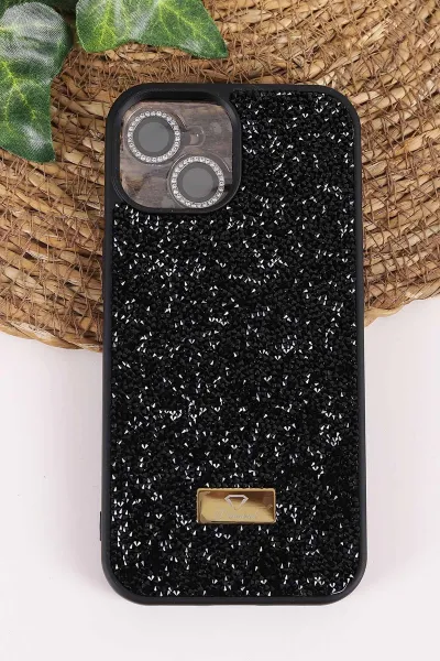 Siyah TeknoCase İPhone 14 Pro Max Uyumlu Ella Diamond Case Serisi Lens Hediyeli Sert Silikon Telefon Kılıfı 457737