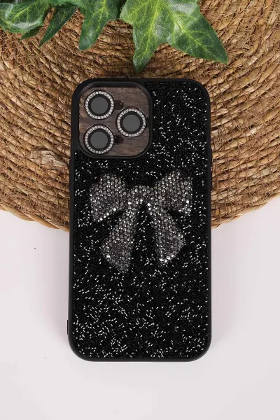 Siyah TeknoCase İPhone 14 Pro Max Uyumlu Nelly Diamond Serisi Taşlı Lens Hediyeli Sert Silikon Telefon Kılıfı 480930